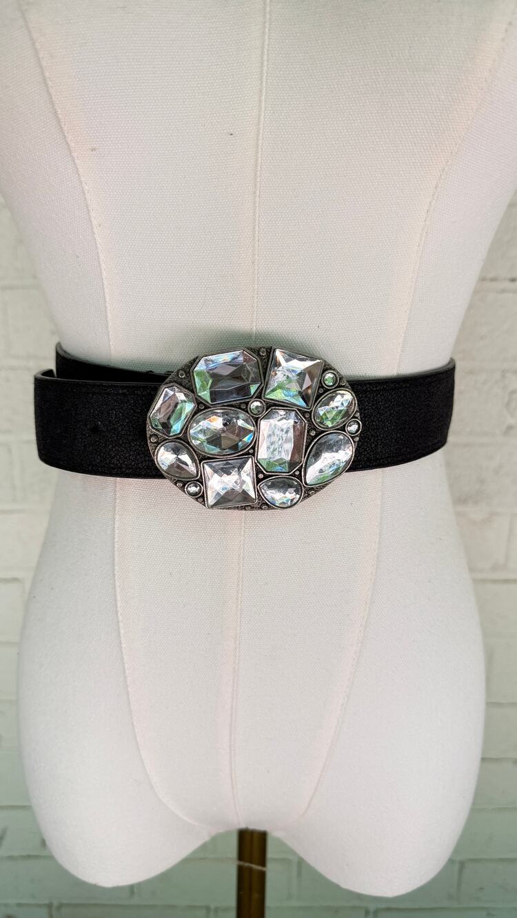 No Boundaries Oversized Rhinestone Statement Belt Black Faux Leather Y2K Glam L